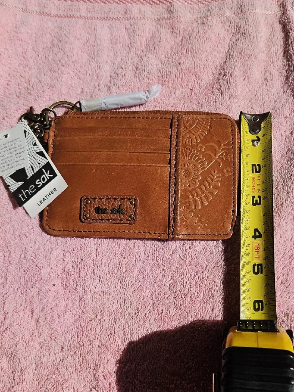 The Sak Brown Embossed Leather Zip Card Holder with Key Ring